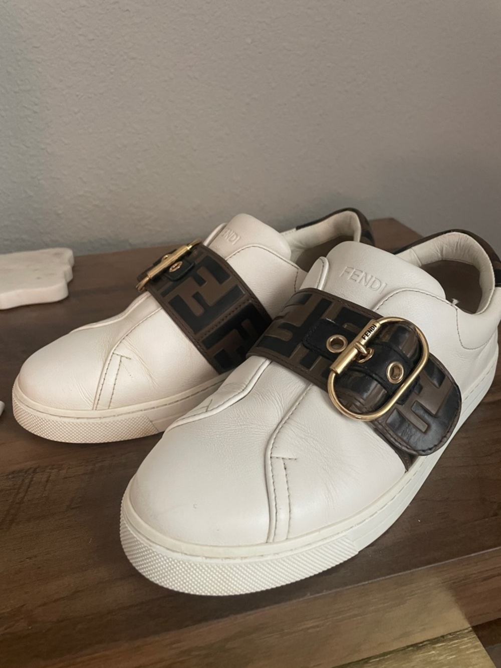Fendi White Leather Slip-On Sneakers with Brown FF Strap and Gold Buckle size 36